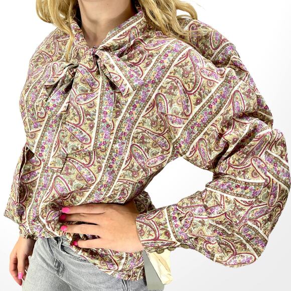 90s BROWNSTONE STUDIO Vintage Green Purple Paisley Bow Neck Blouse - Picture 3 of 12